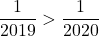 \dfrac1{2019}>\dfrac1{2020}
